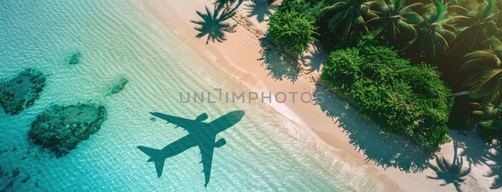 Aerial view of airplane flying over tropical beach and palm trees in the ocean, travel and vacation concept