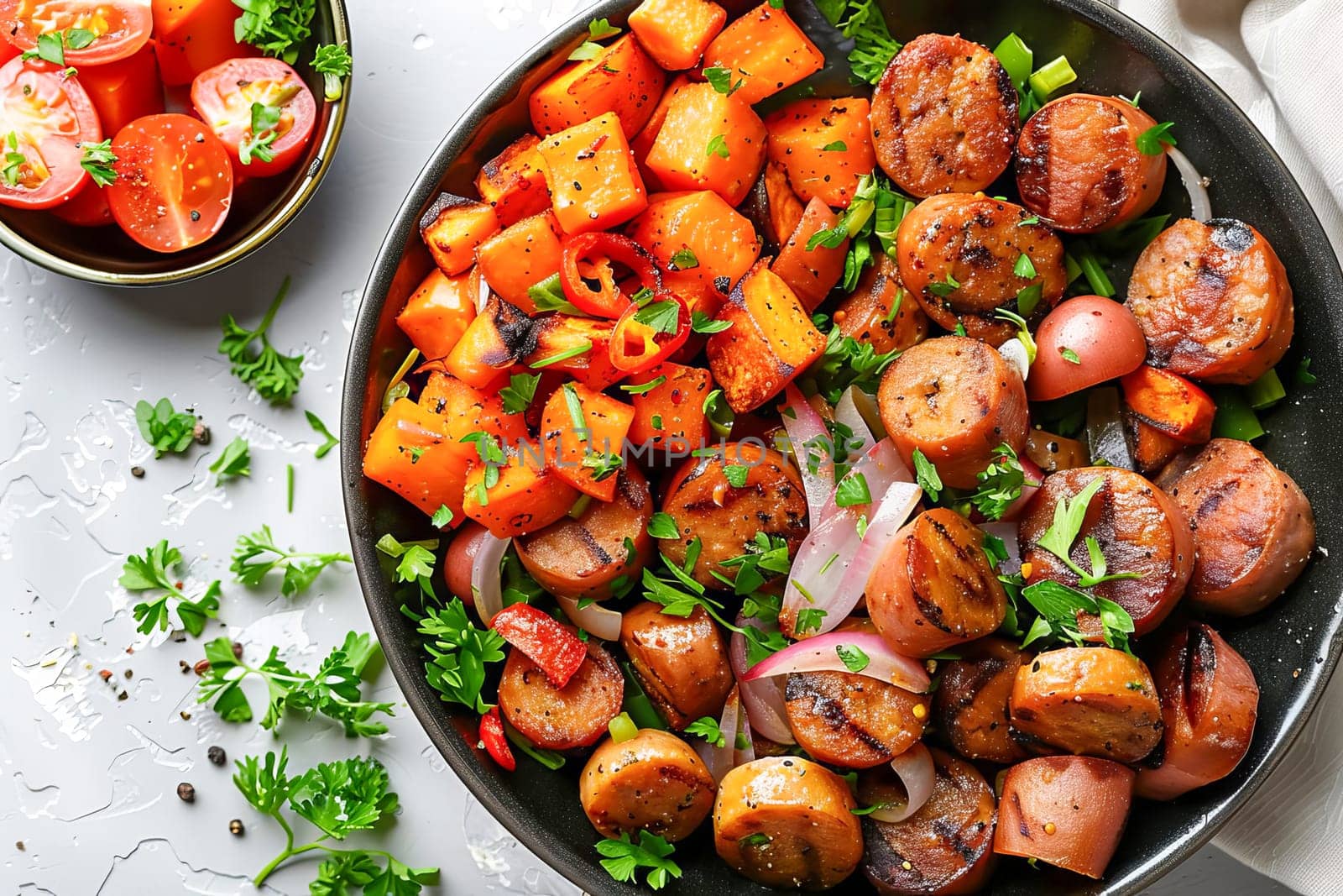 A frying pan with a dish of sliced ​​sausages, sweet potatoes, carrots, sweet peppers and onions. Generated using artificial intelligence.