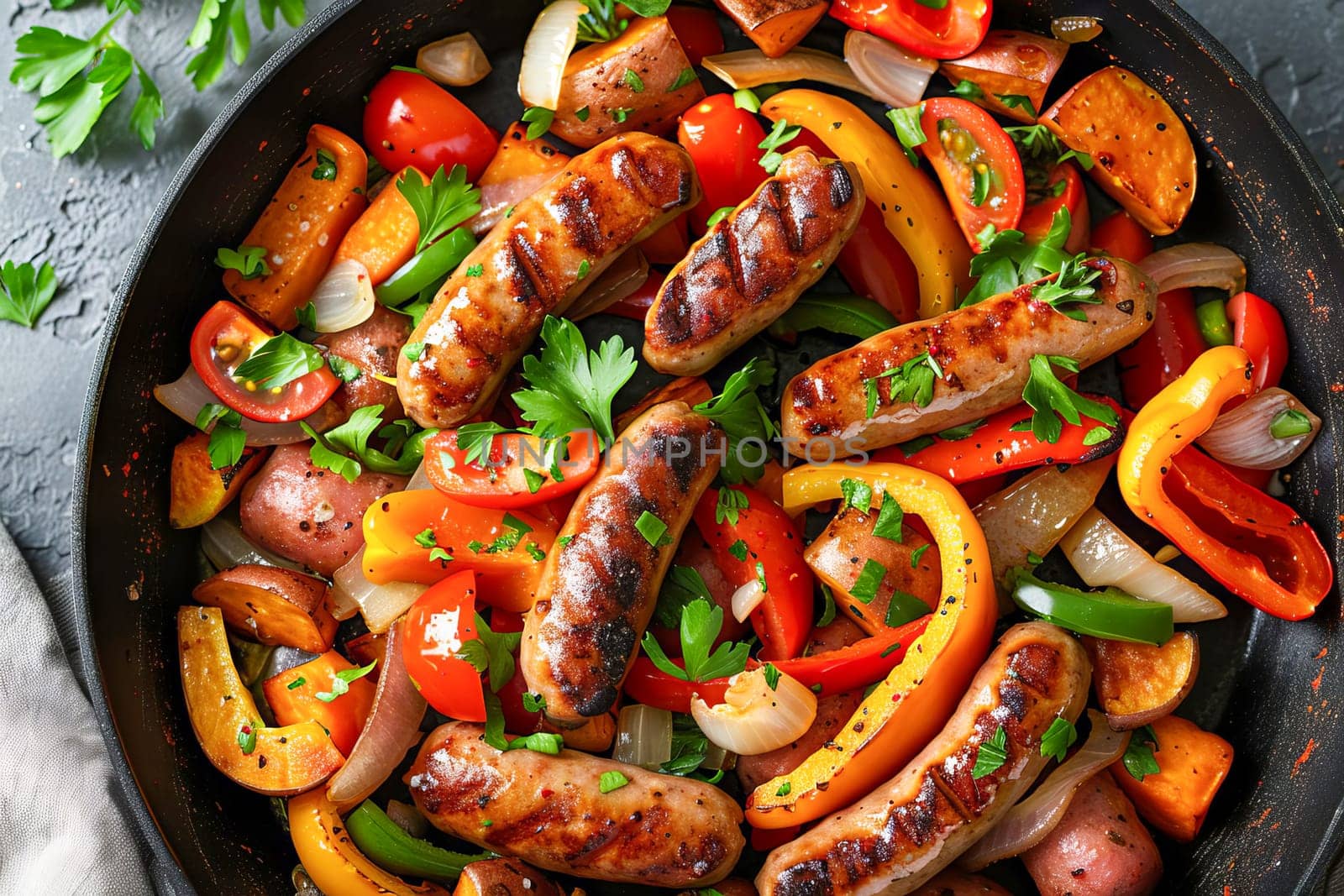 A frying pan with a dish of sliced ​​sausages, sweet potatoes, carrots, sweet peppers and onions. Generated using artificial intelligence.