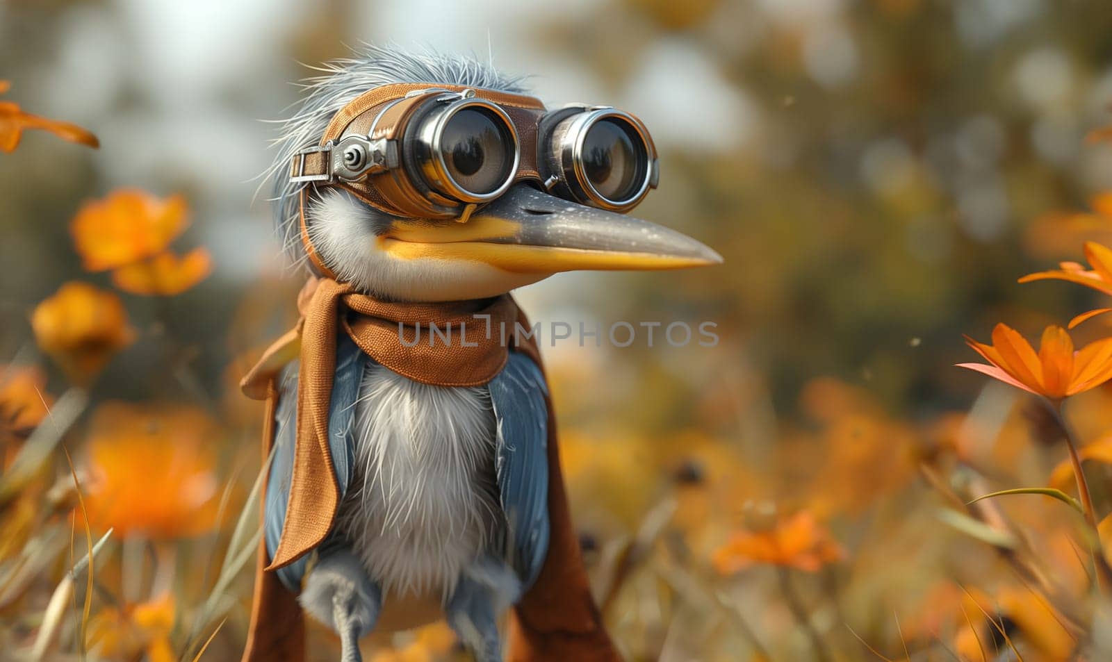 3D cartoon, a heron wearing big glasses walks through a swamp. Selective focus