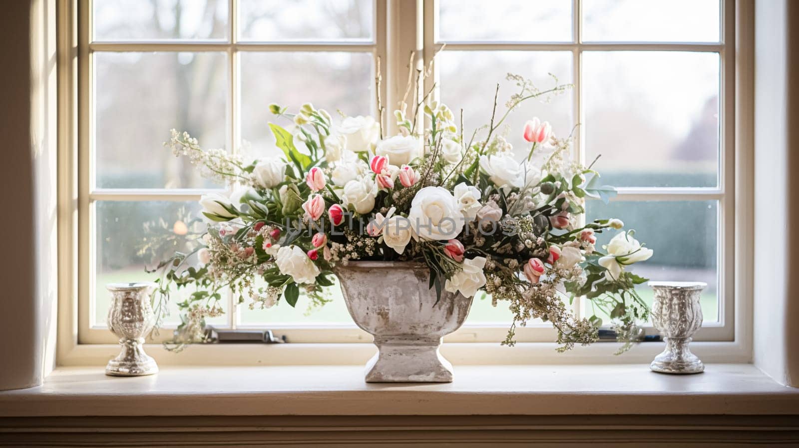 Beautiful floral arrangement with winter, autumn or early spring botanical plants and flowers