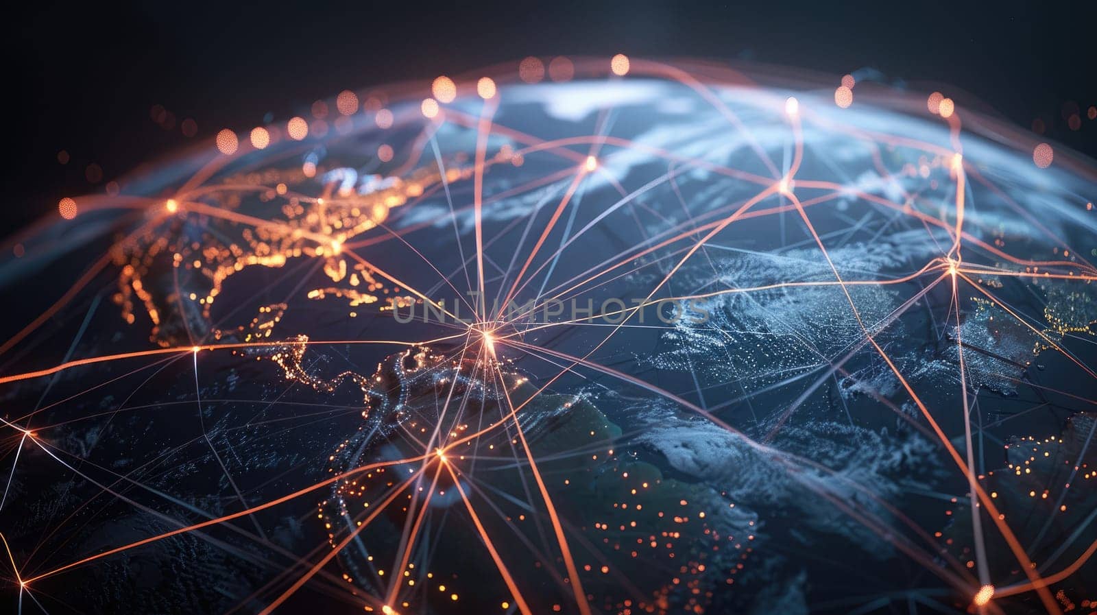 3D illustration of a rotating globe, with intricate networks of glowing lines emanating from major cities