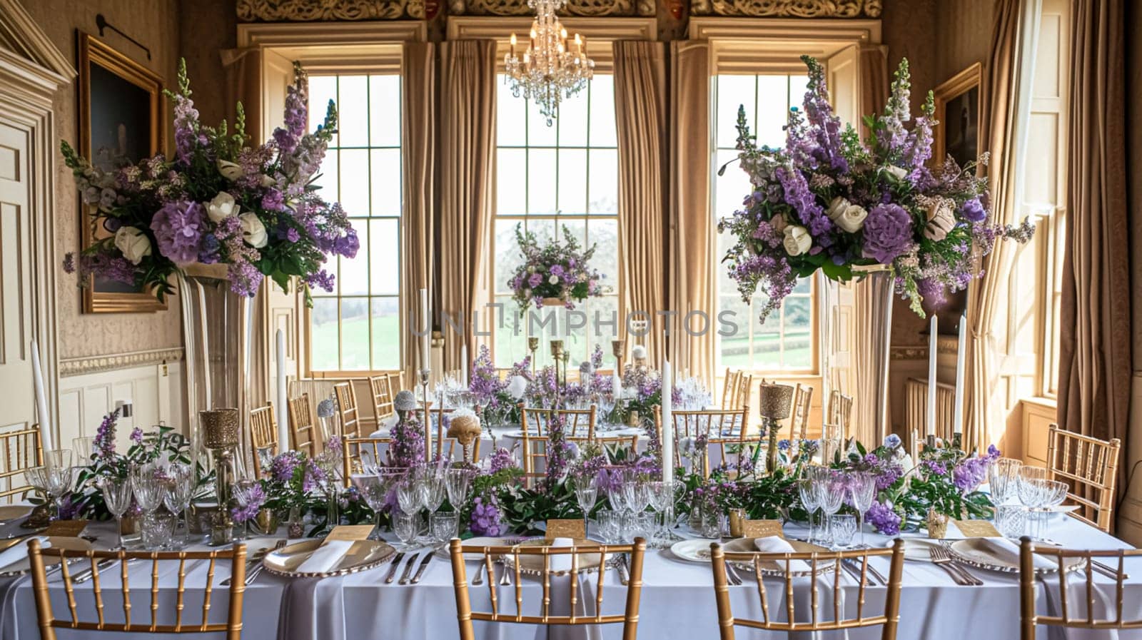 Wedding table decoration with lavender flowers, sweets, cake and candles