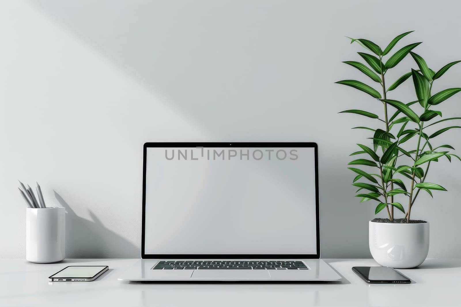 A laptop sits on a desk next to a potted plant and a white phone. The laptop is open and the screen is blank, giving the impression of a clean and organized workspace