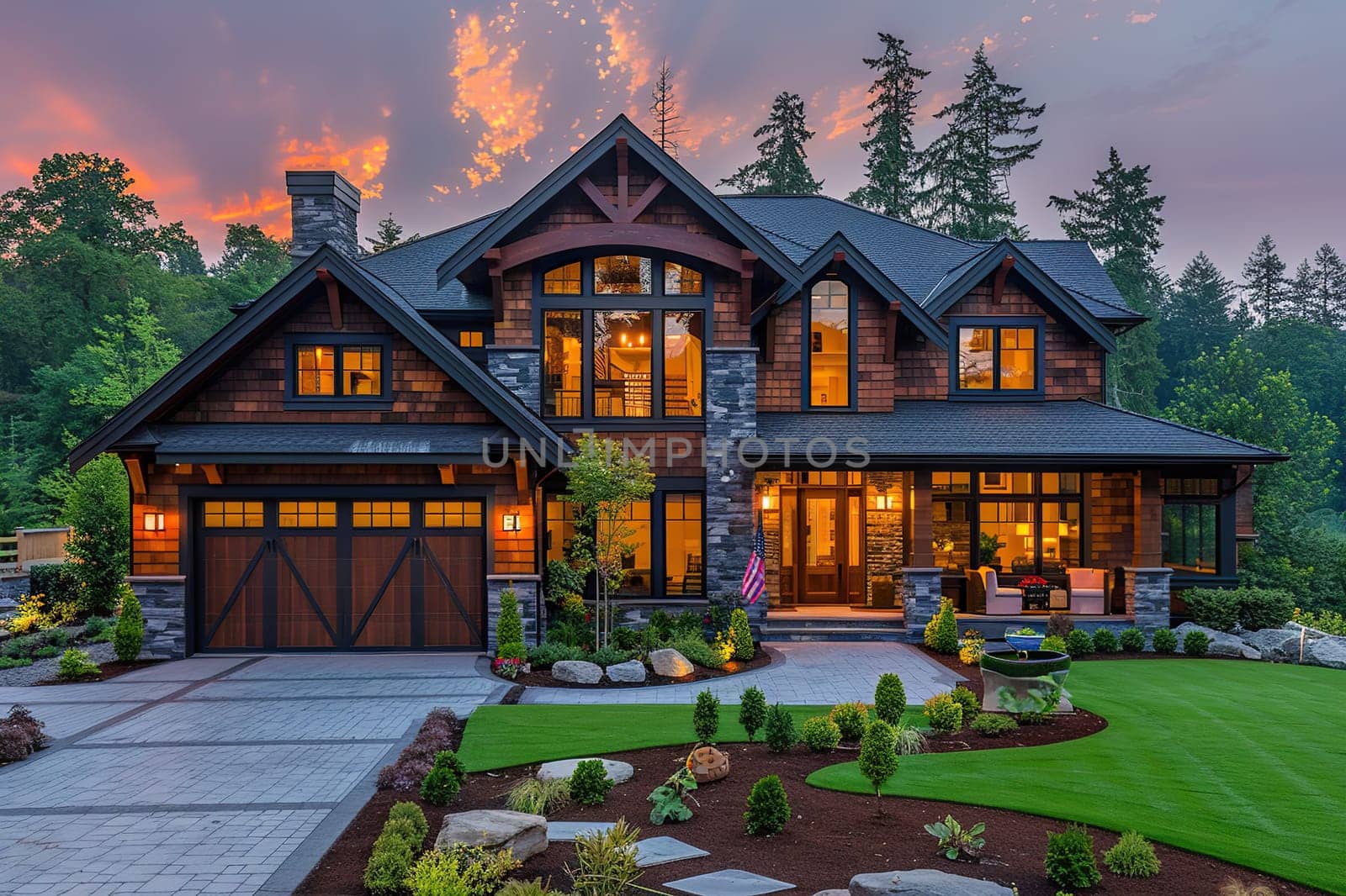 A beautiful two-story American-style house on a green lawn with a usa flag in the evening