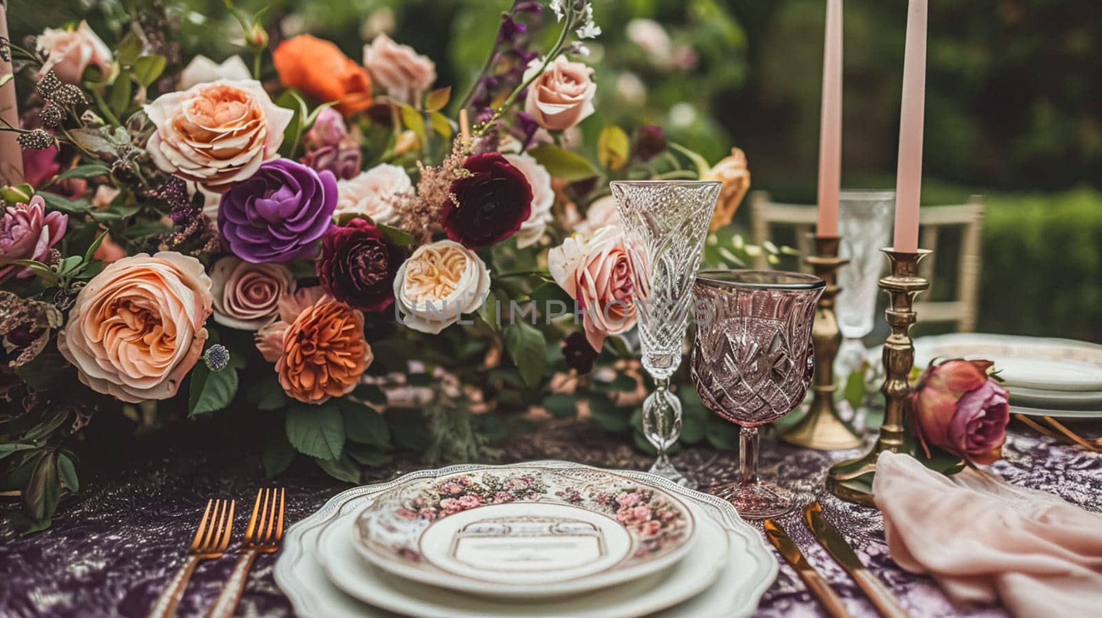 Beautifully set table for a garden party, adorned tablescape with vibrant floral arrangements, under the shade of blossoming rose bushes, inviting a sense of elegance and natural charm