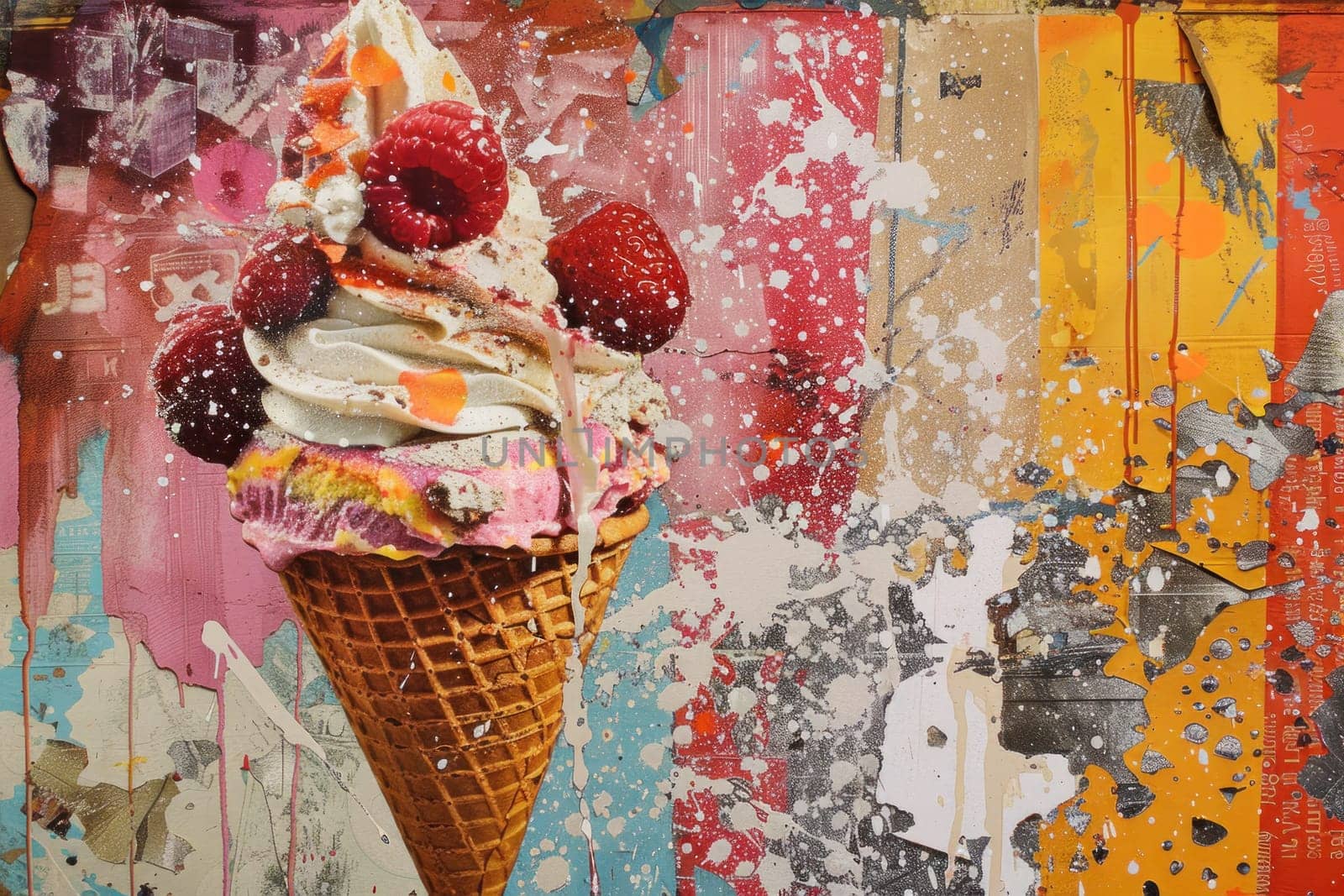 Delicious ice cream cone with raspberries against colorful wall as symbol of summer joy