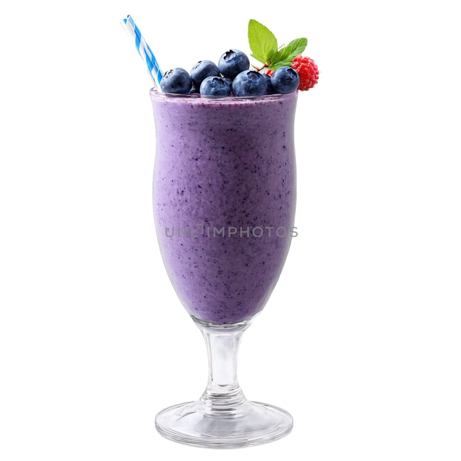 Blueberry smoothie with fresh berries and yogurt swirl bursting upwards Food and culinary concept. Food isolated on transparent background.