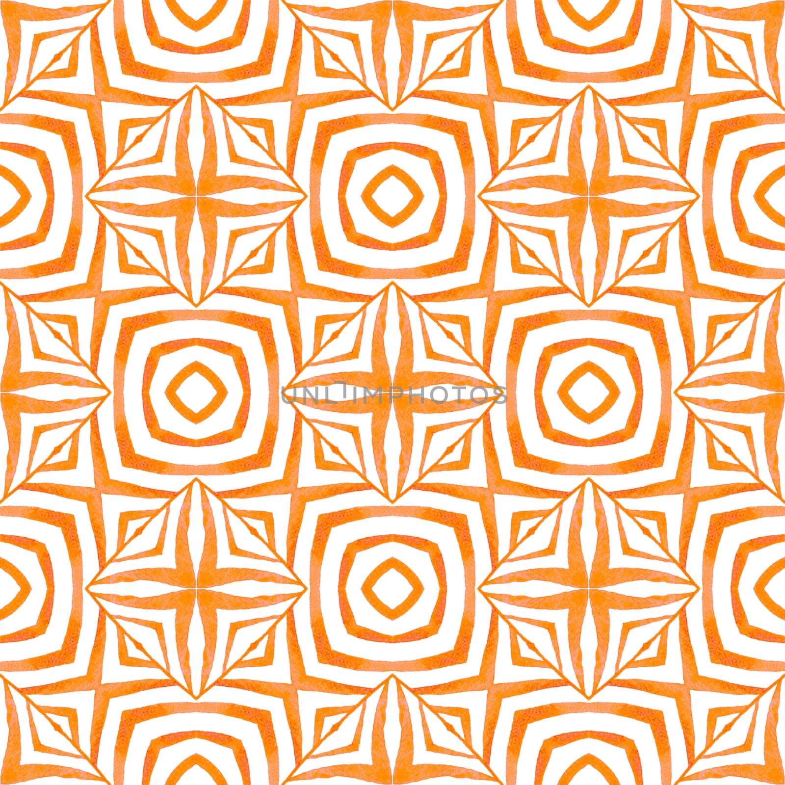 Textile ready fantastic print, swimwear fabric, wallpaper, wrapping. Orange perfect boho chic summer design. Green geometric chevron watercolor border. Chevron watercolor pattern.