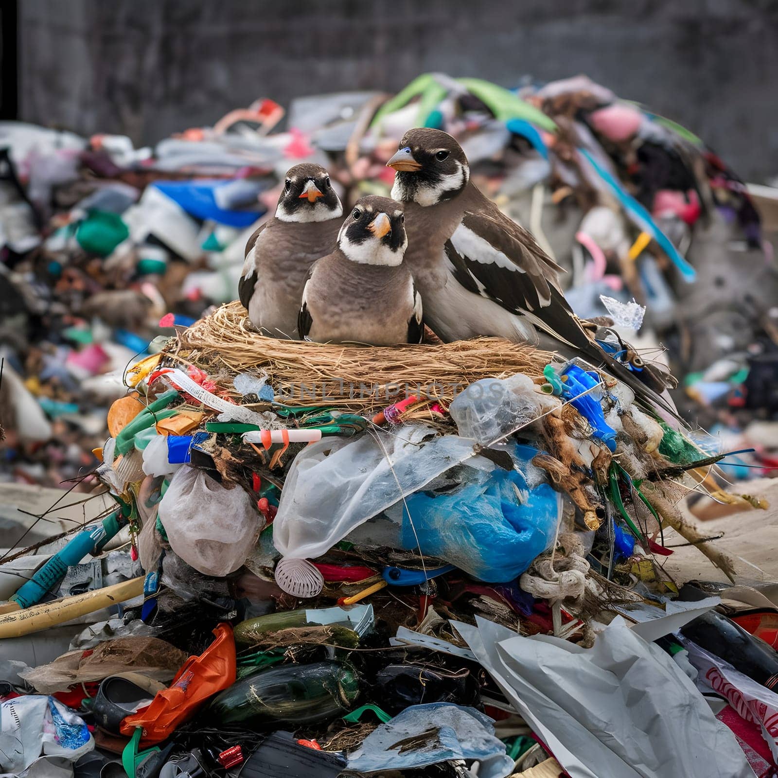 Environmental pollution - birds are sitting on a nest made of household waste. Man harms the environment. High quality photo