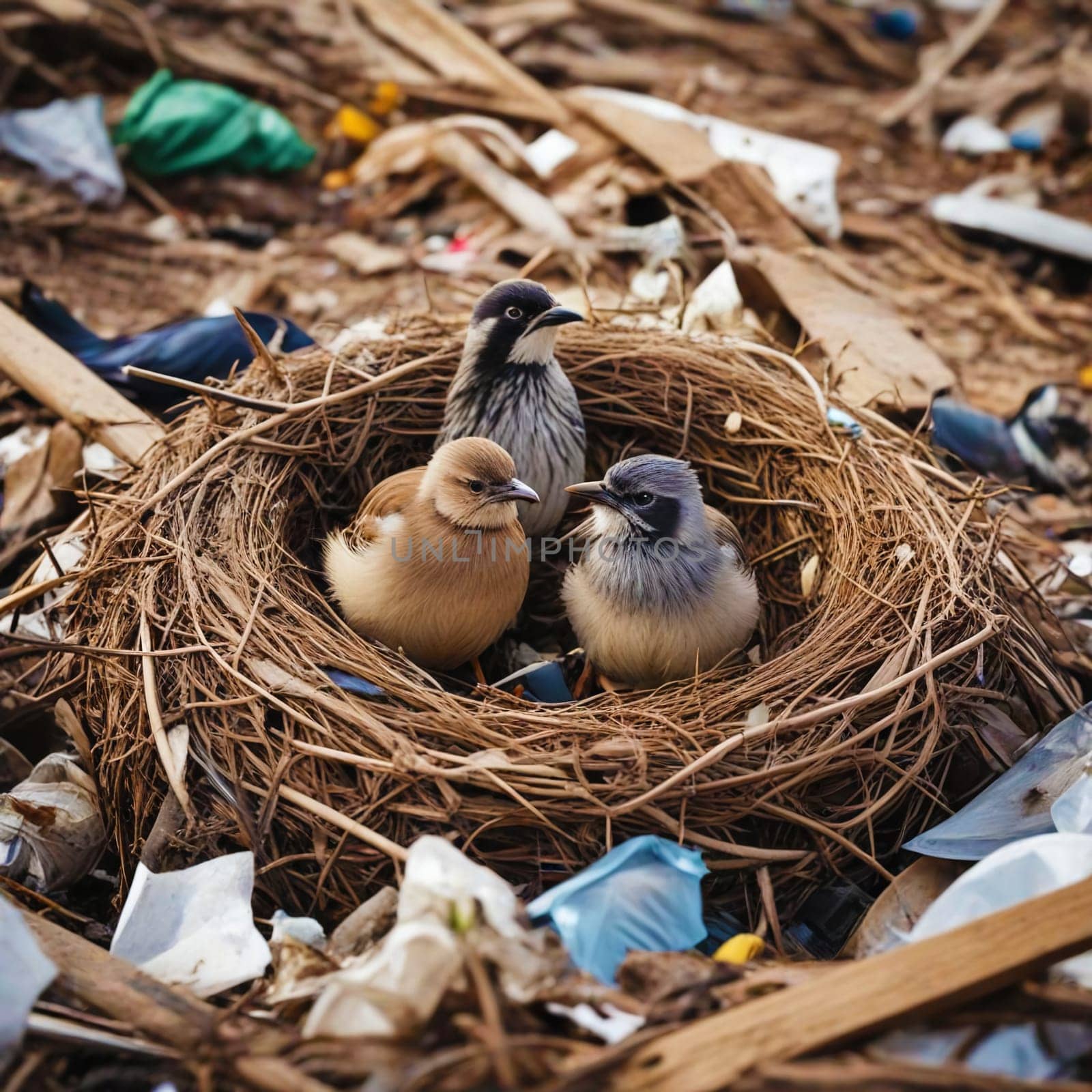 Environmental pollution - birds are sitting on a nest made of household waste. Man harms the environment. High quality photo