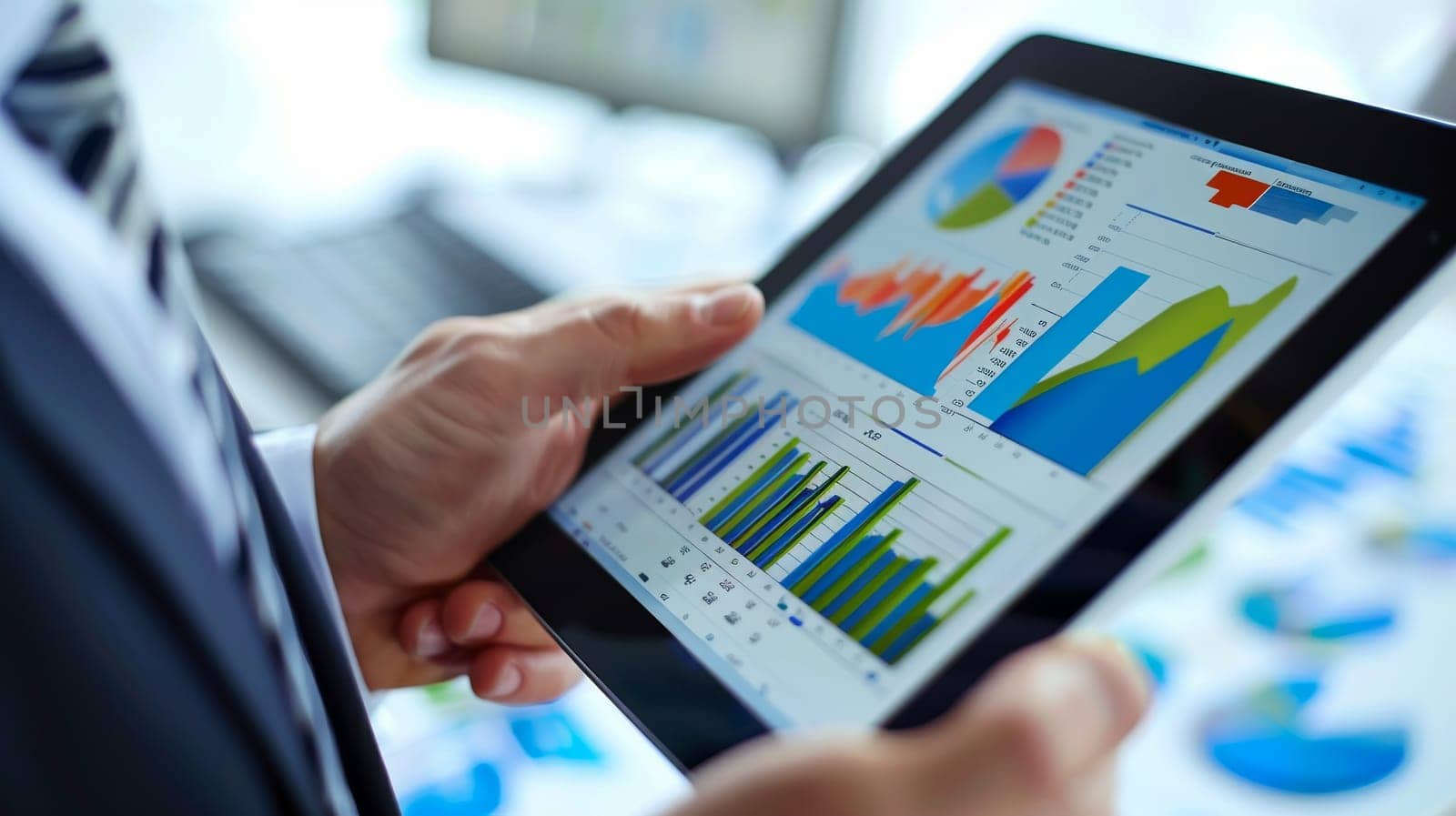 Close up hand of businesspeople using a digital tablet with financial chart.