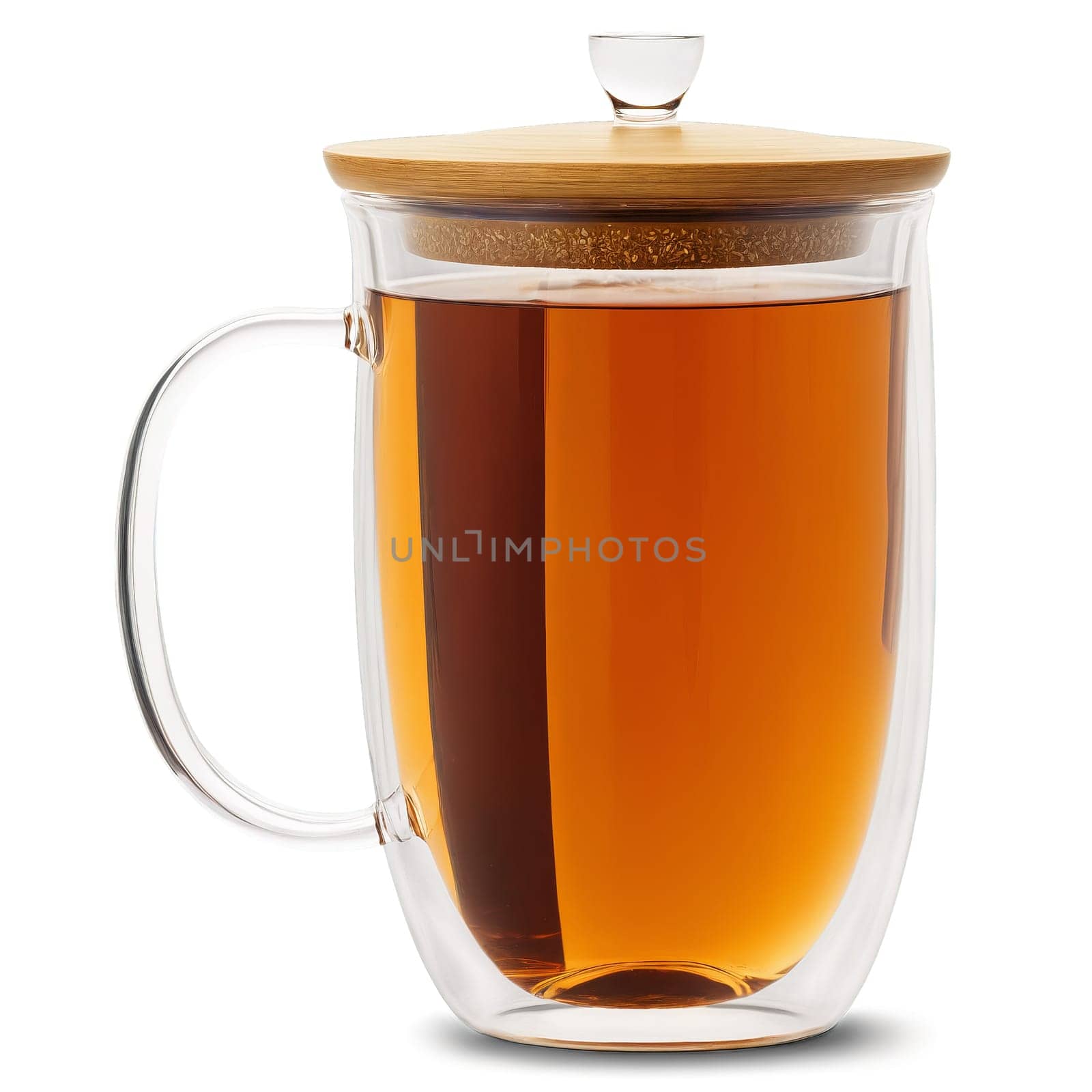 Sleek double walled glass tea mug with a bamboo lid filled with a refreshing peach. Drink isolated on transparent background