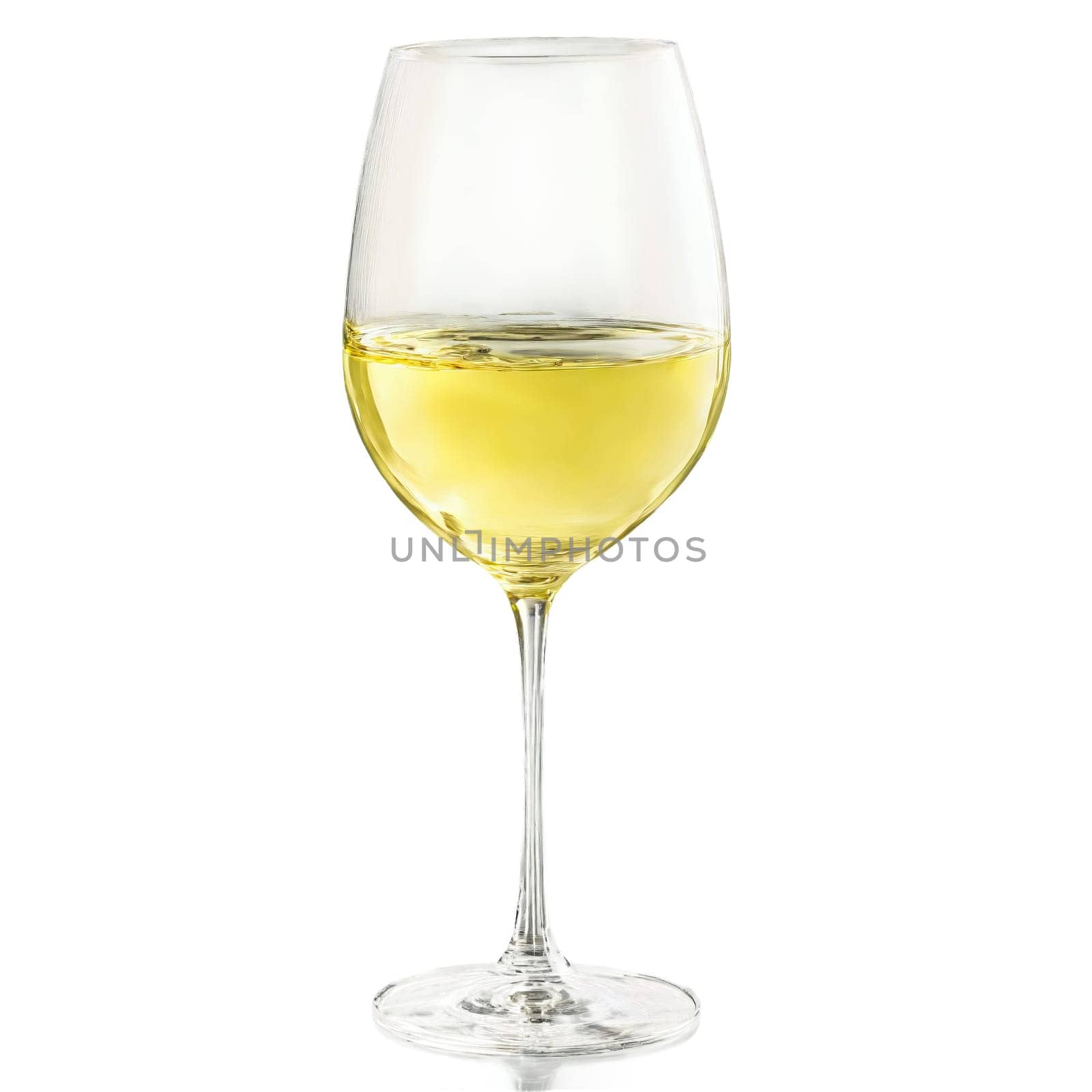 Spiegelau Style White Wine glass slender tapered bowl long stem crisp pale yellow wine splashing. Close-up wine glass, isolated on transparent background