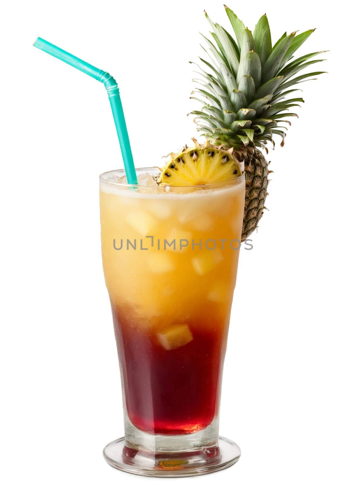 Singapore Sling in tall glass garnished with slice of pineapple cherry and sprig of green. Drink isolated on transparent background.