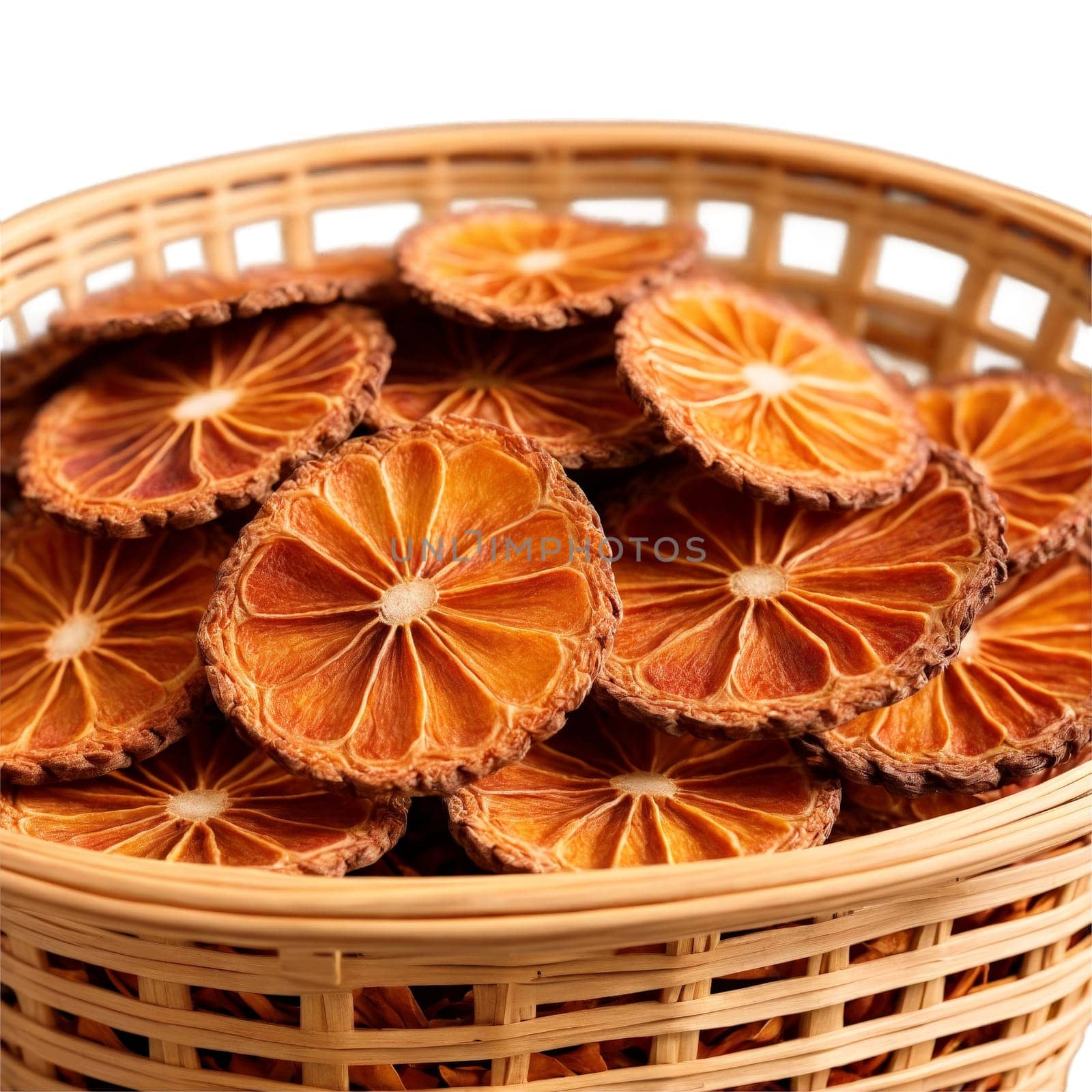 Dried salak slices in a dynamic wicker basket brown with a scaly texture a couple by panophotograph