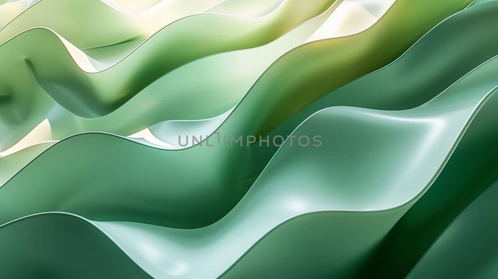 A green wave with a white background. The wave is made of glass and has a shiny, reflective surface. The image has a calm and serene mood, as if it were a peaceful ocean scene