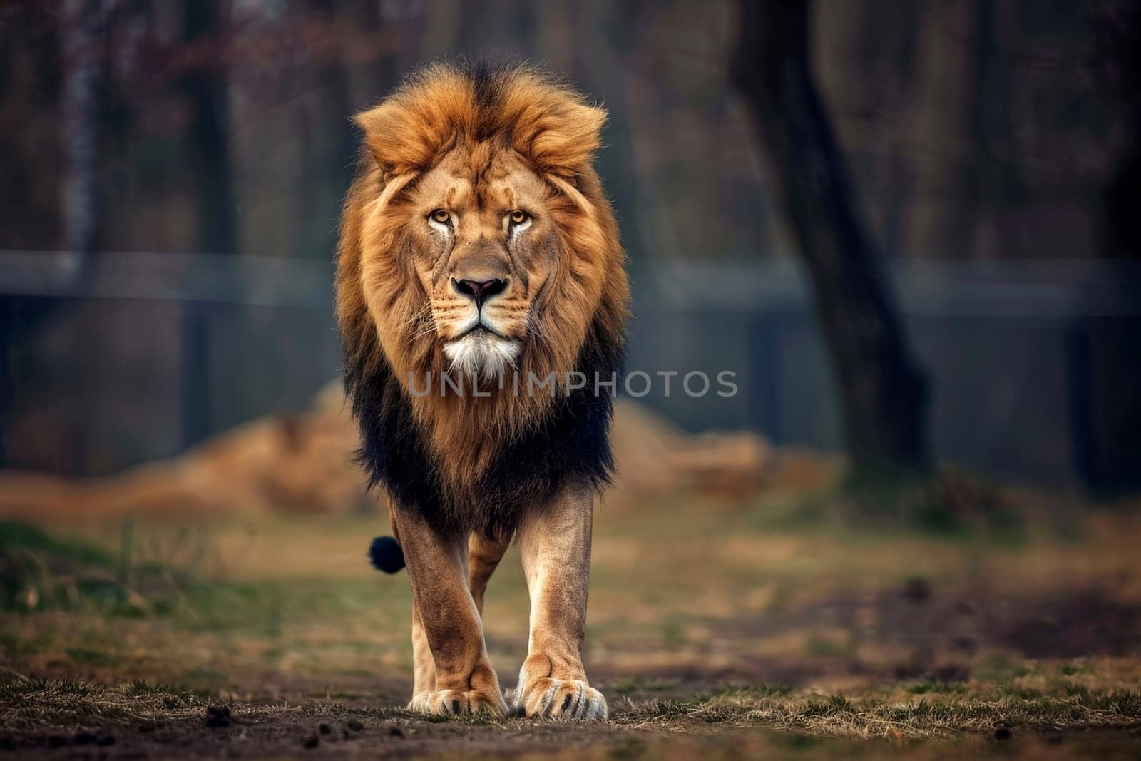 close shot of an intense lion gaze through bush of palm leaves and big space for text or product advertisement,.