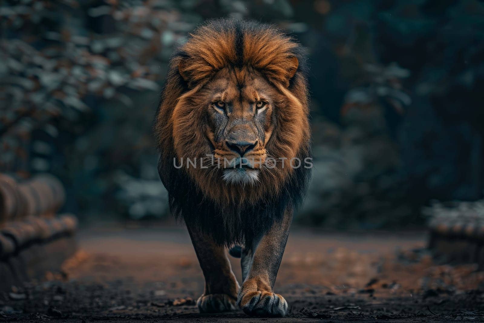 close shot of an intense lion gaze through bush of palm leaves and big space for text or product advertisement,.