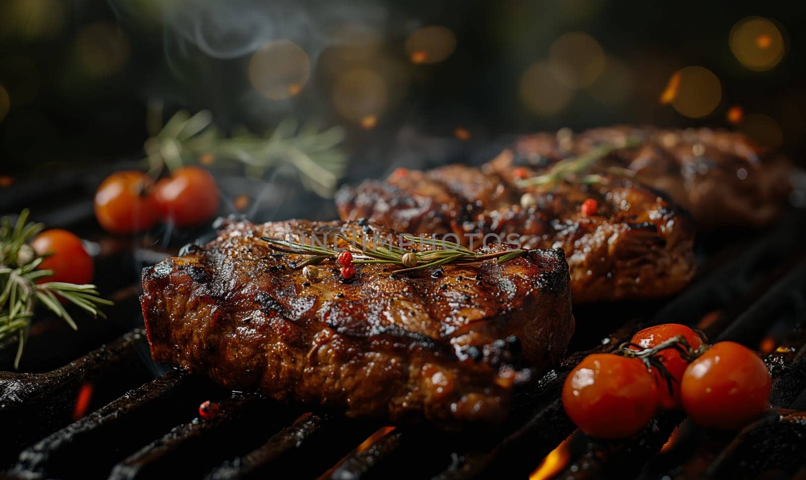 Pieces of meat cooked on the grill. by Fischeron