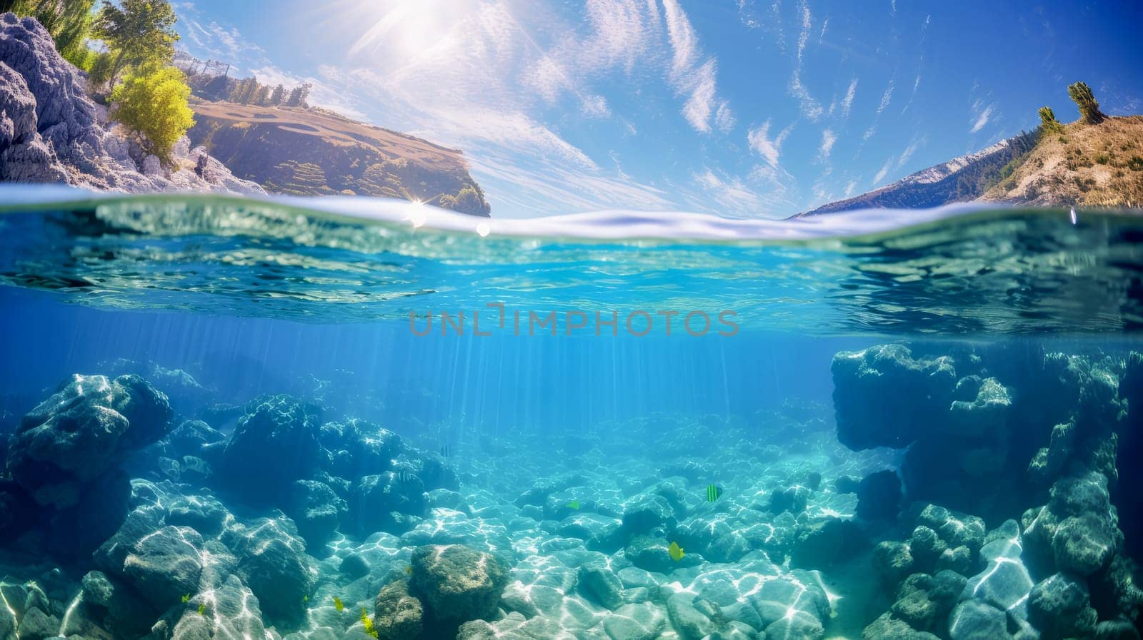 Beautiful blue underwater landscape, sky and mountains. Beautiful landscape, picture, phone screensaver, copy space, advertising, travel agency, tourism, solitude with nature, without people.