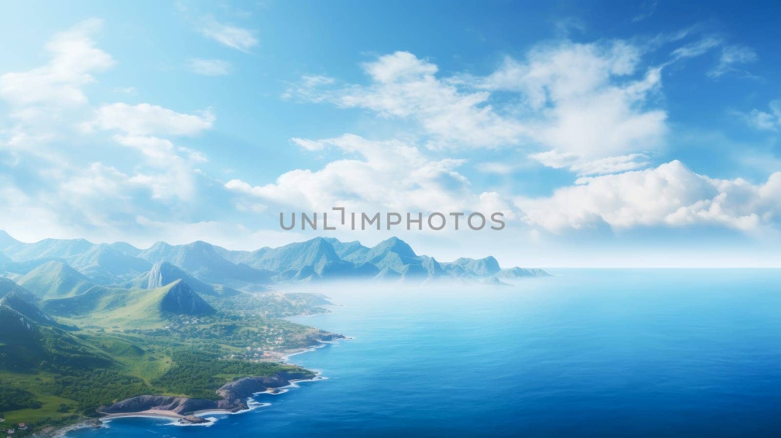 Beautiful blue water landscape, sky and mountains. Beautiful landscape, picture, phone screensaver, copy space, advertising, travel agency, tourism, solitude with nature, without people.