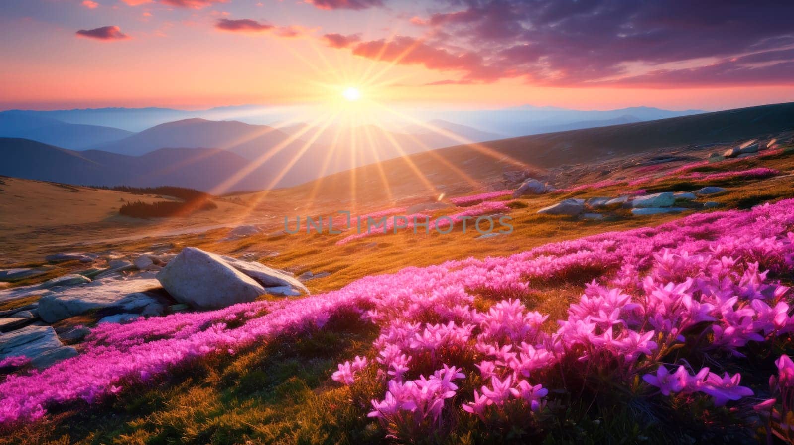 Beautiful alpine meadows with wildflowers in pink light. Beautiful landscape, picture, phone screensaver, copy space, advertising, travel agency, tourism, solitude with nature, without people.