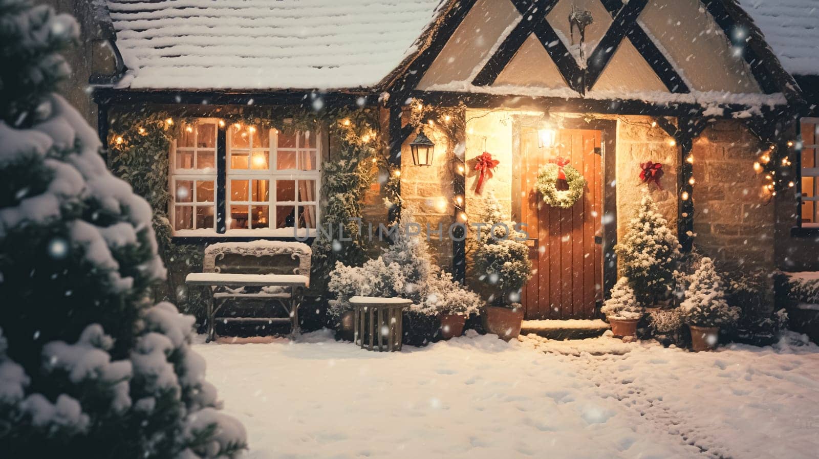 Christmas in the countryside, cottage and garden decorated for holidays on a snowy winter evening with snow and holiday lights, English country styling inspiration