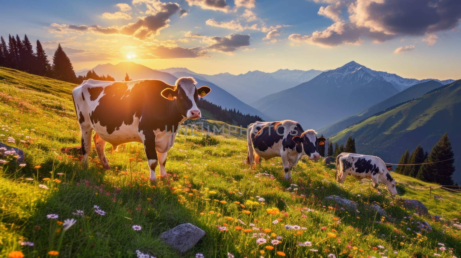 Cows graze in alpine meadows with wildflowers near the mountains. Beautiful landscape, picture, phone screensaver, copy space, advertising, travel agency, tourism, solitude with nature, without people.