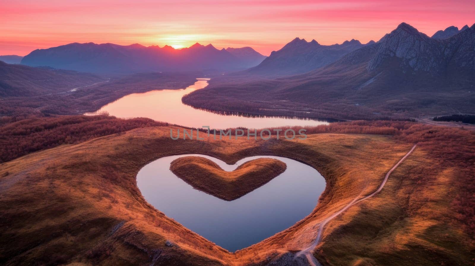 Beautiful clear lake in the shape of a heart in the mountains and rocks. Tourist place to relax. Beautiful landscape, picture, phone screensaver, copy space, advertising, travel agency, tourism, solitude with nature, without people