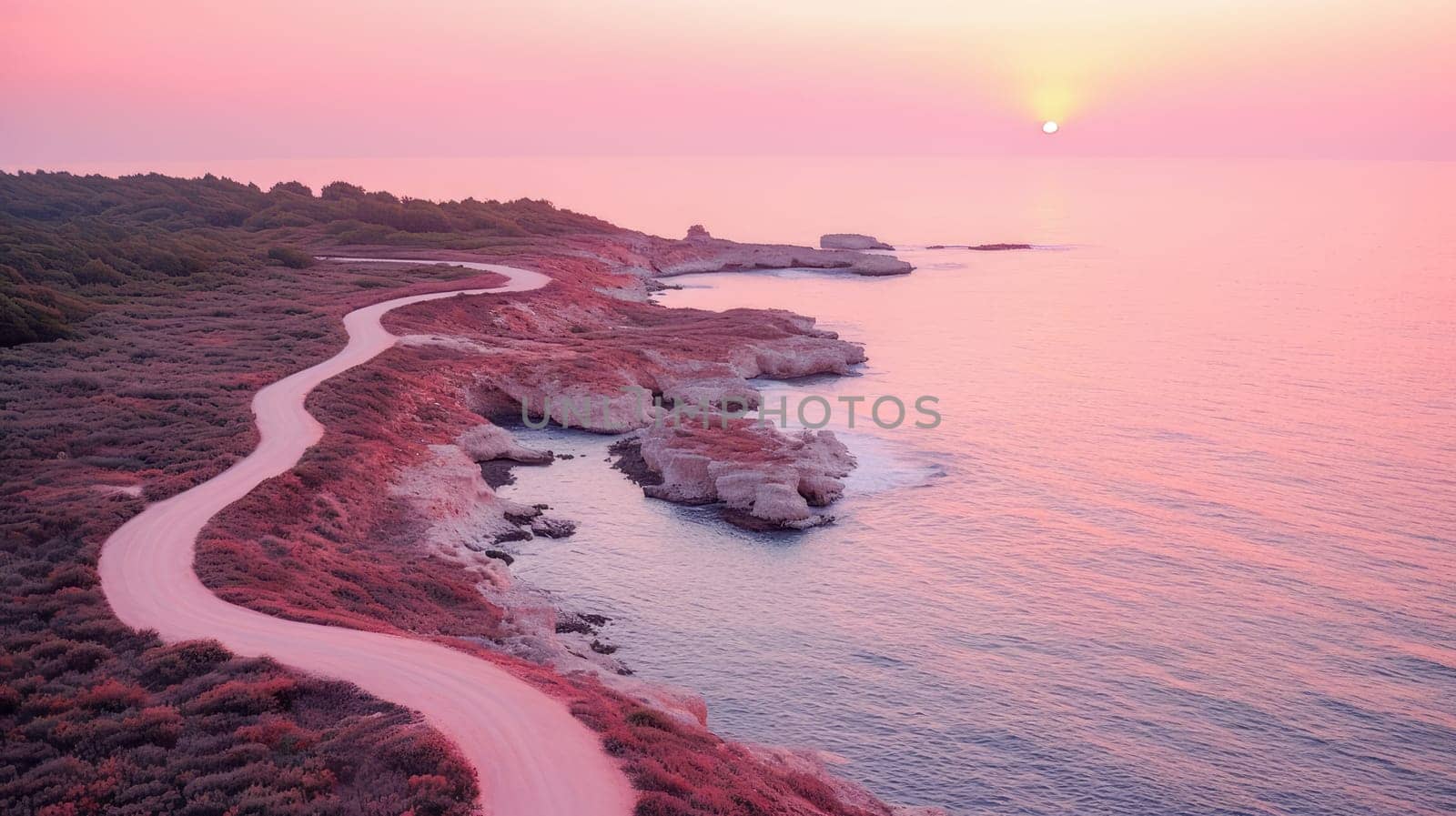 Automobile road among the forest, sea and rocks. Beautiful landscape, picture, phone screensaver, copy space, advertising, travel agency, tourism, solitude with nature, without people