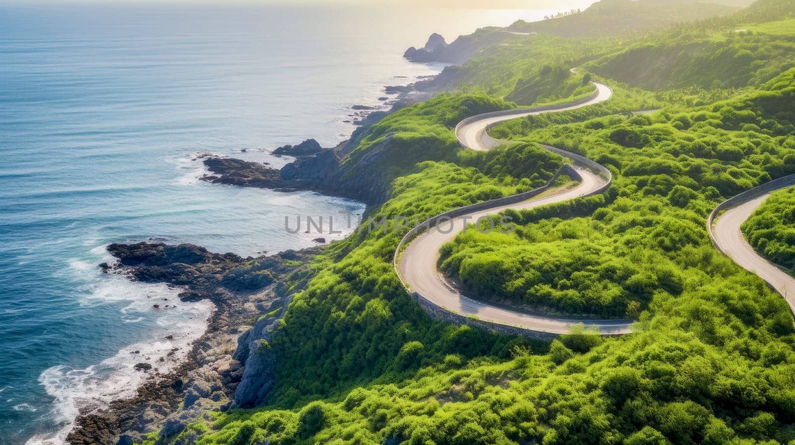 Automobile road among the forest, sea and rocks. Beautiful landscape, picture, phone screensaver, copy space, advertising, travel agency, tourism, solitude with nature, without people