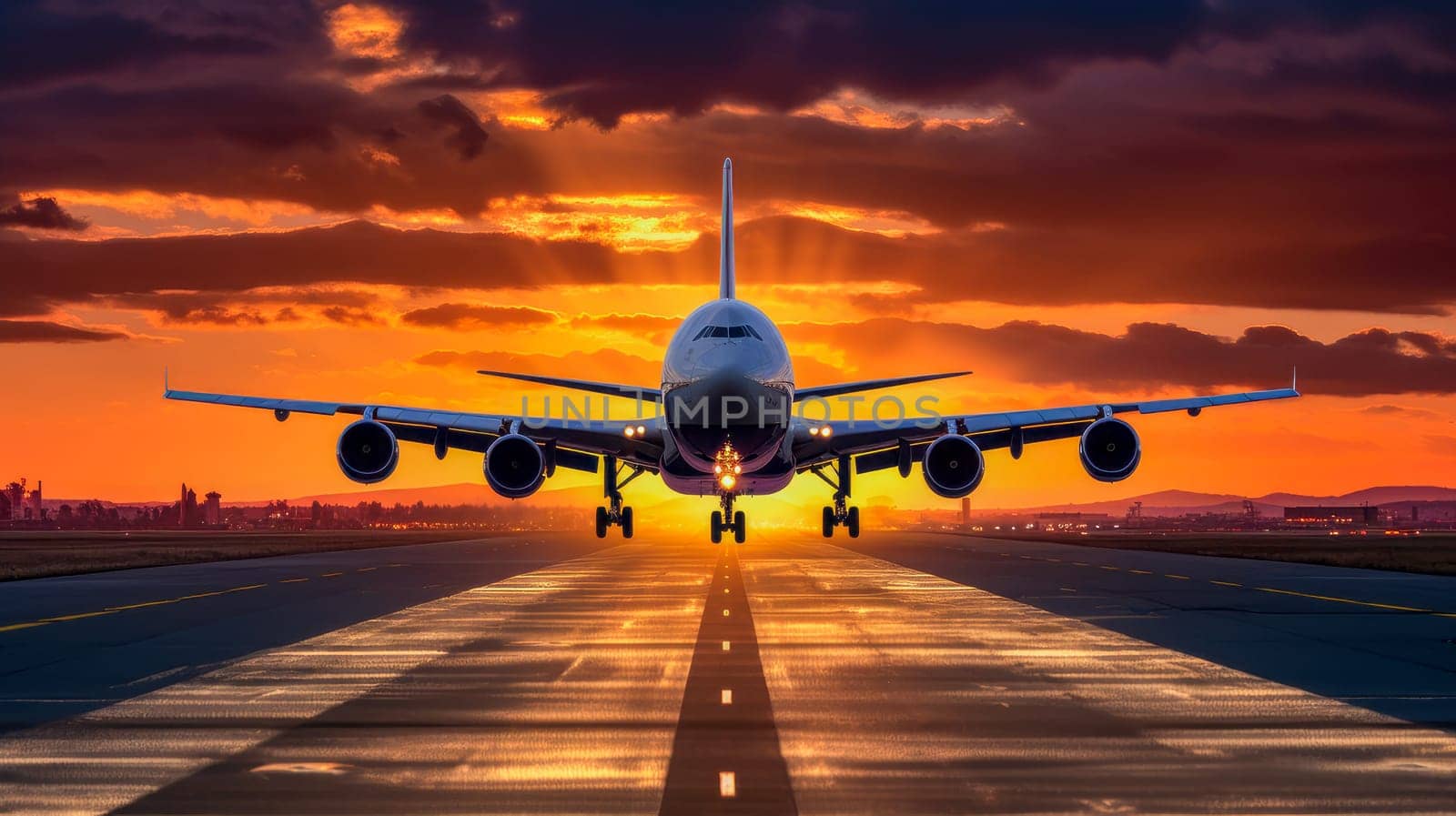 A passenger plane flying in the colorful sky. Aircraft takes off from the airport runway during the sunset. Beautiful landscape, picture, phone screensaver, copy space, advertising, travel agency, tourism, solitude with nature, without people