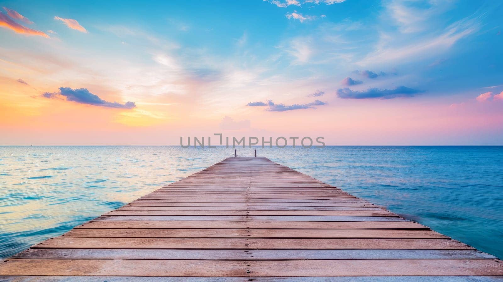 Beautiful beach with wodden jetty and single small tree in Maldives by Alla_Yurtayeva