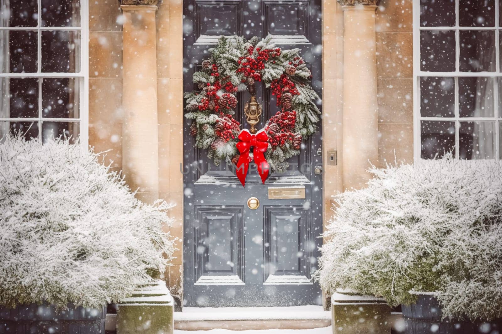 Christmas holiday, country cottage and snowing winter, wreath decoration on a door, Merry Christmas and Happy Holidays wishes, post-processed, generative ai