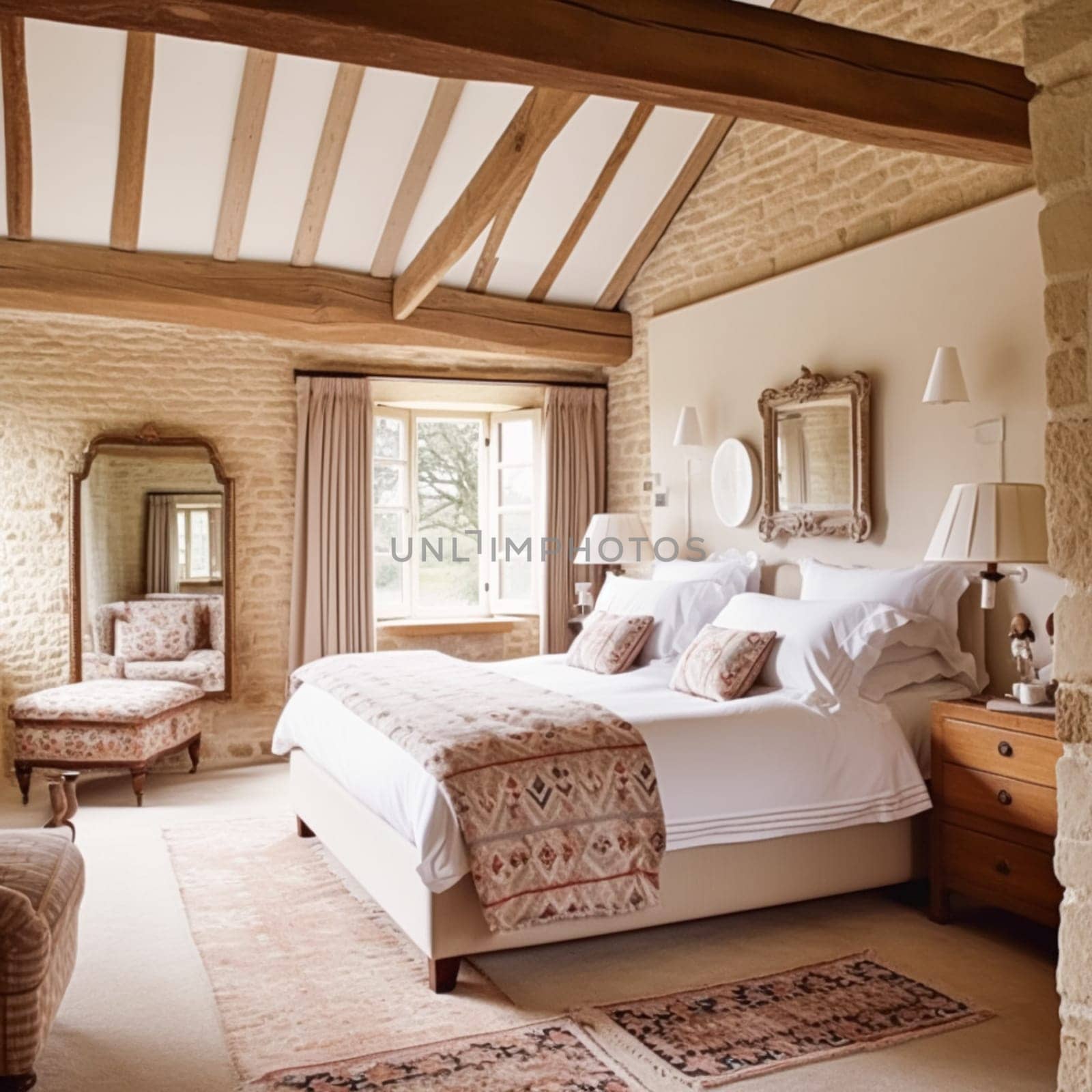 Cottage style bedroom decor, interior design and home decor, bed with elegant bedding and bespoke furniture, English country house or holiday rental interiors