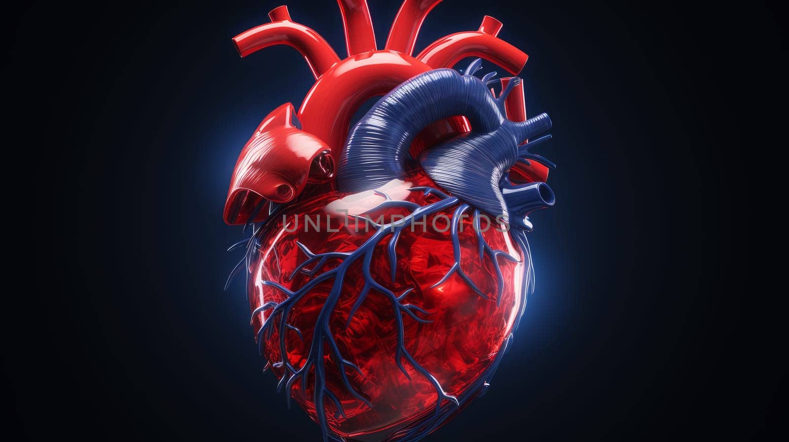 Human heart model,concept of cardiology, health care, human organ transplant. 3D modeling in the field of internal organ transplantation. Technologies in medicine and scientific research of the body, the study of human internal organs