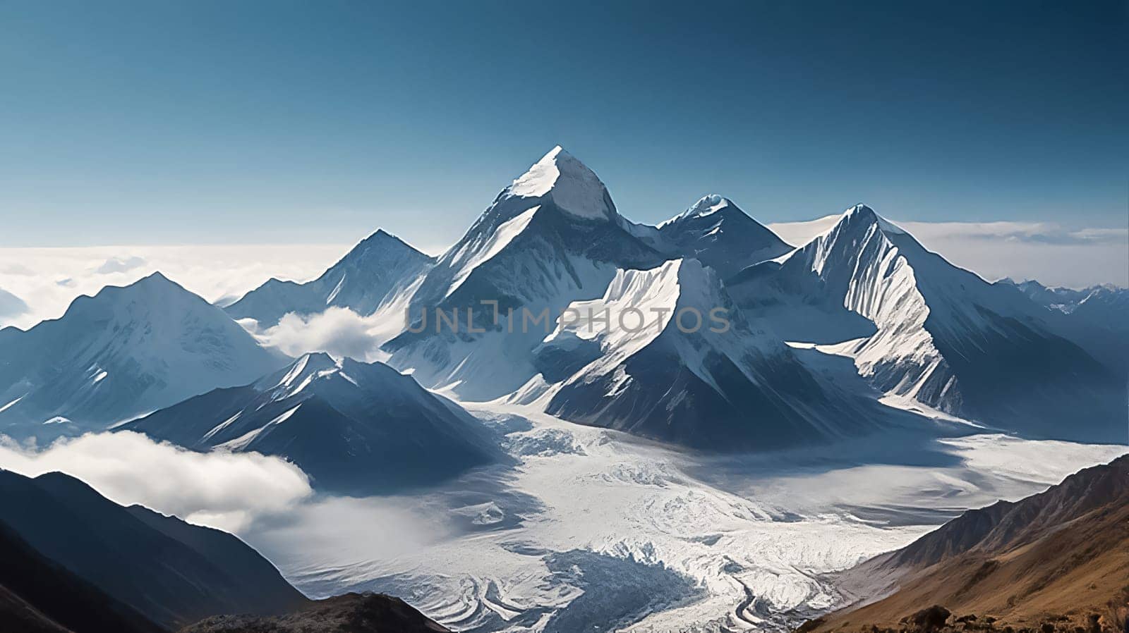 fantastic landscape of Himalayan peaks mountain with snow cap at the top and hills and valley for multimedia content creation