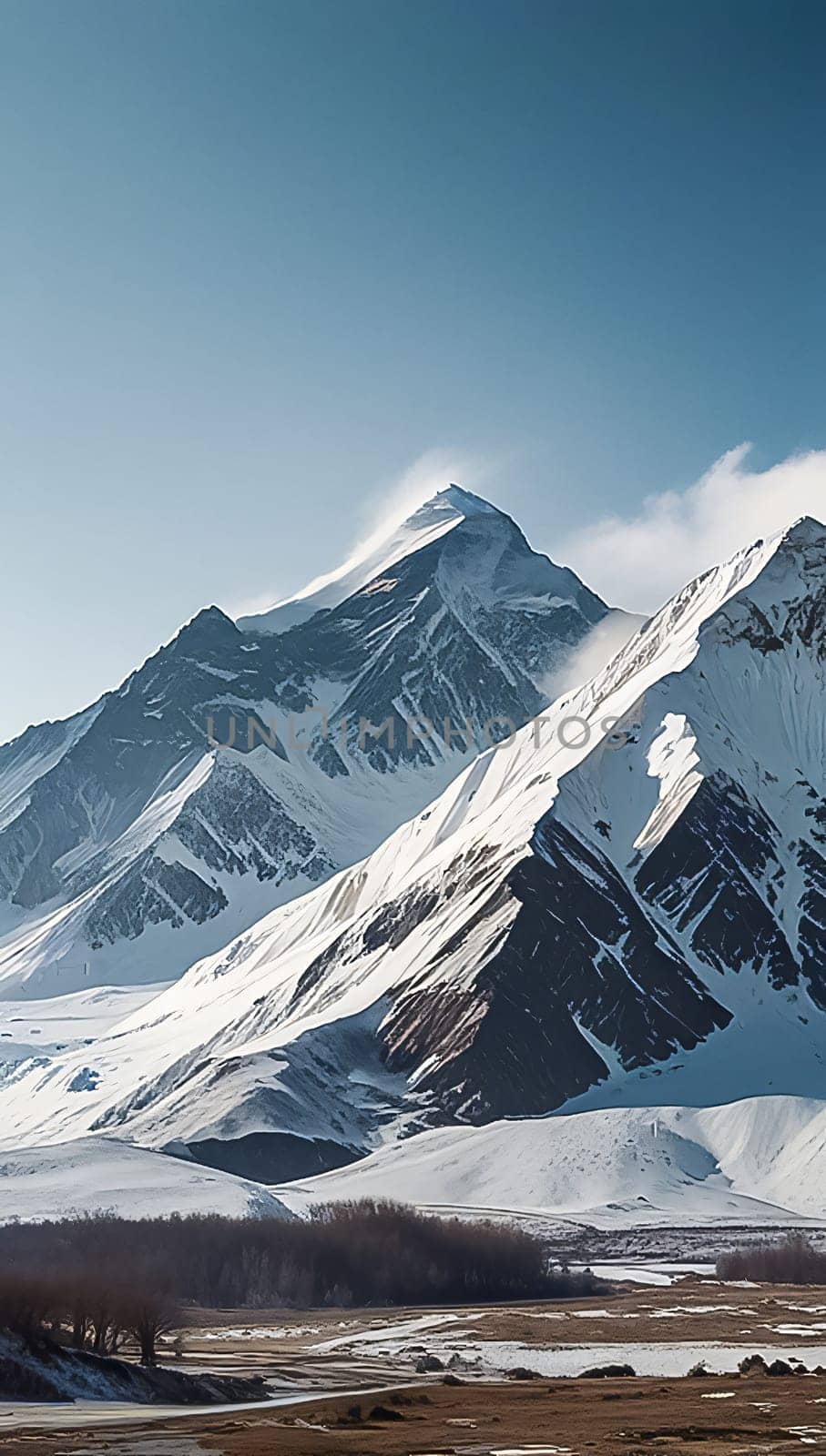 fantastic landscape of Himalayan peaks mountain with snow cap at the top and hills and valley for multimedia content creation