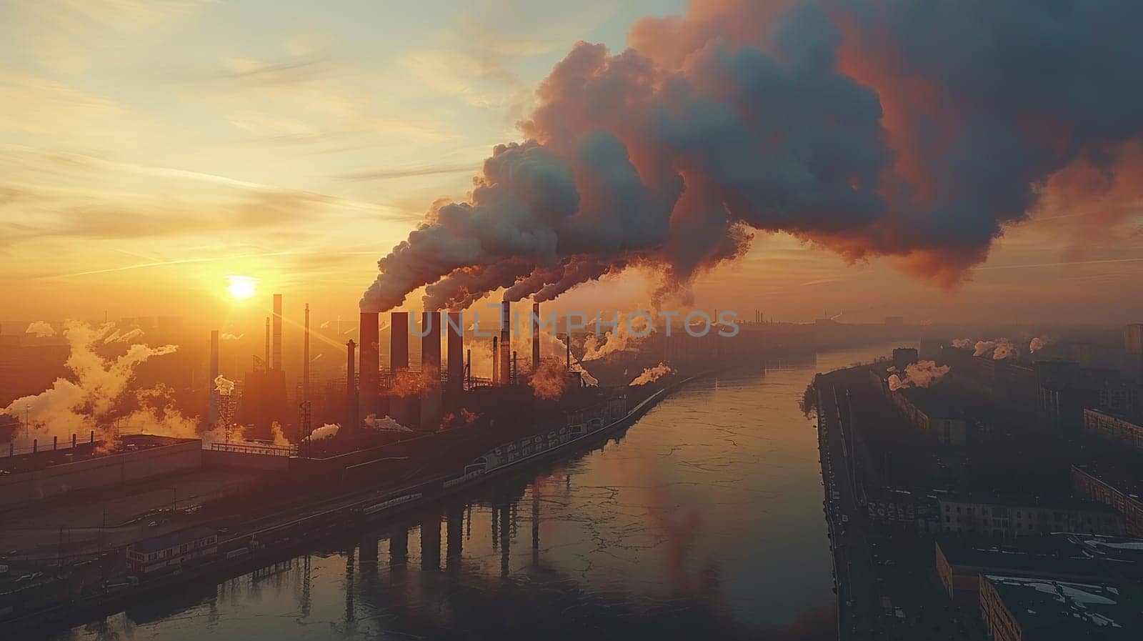 A city skyline with smoke billowing from the factories. Scene is bleak and polluted