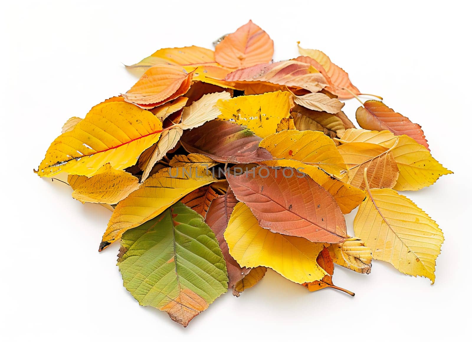 A bunch of autumn leaves on a white background.