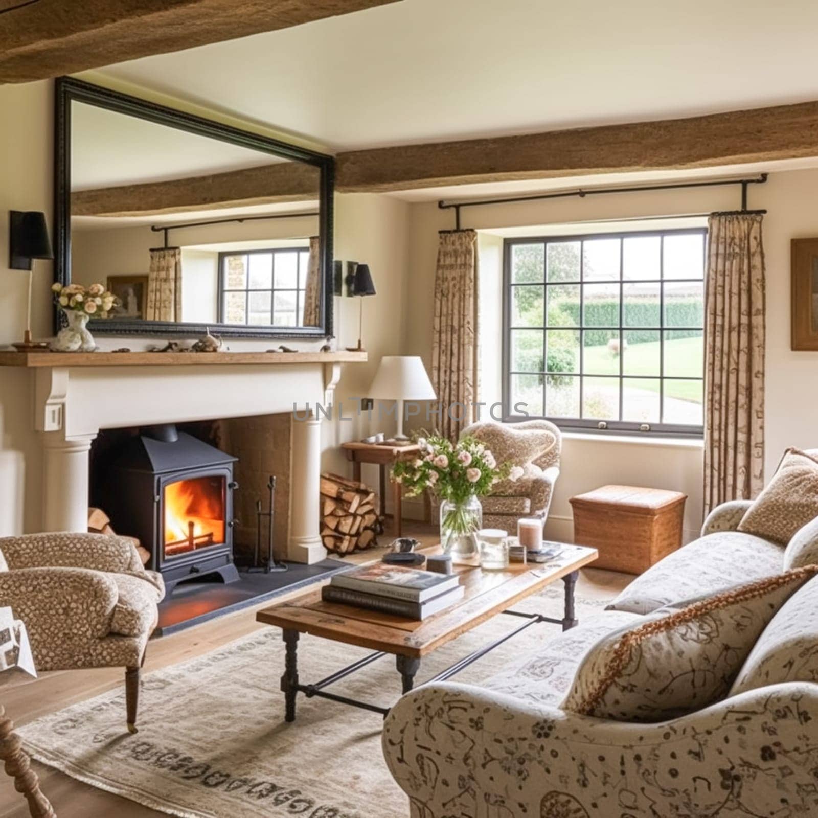 Cottage interior with modern design and antique furniture, home decor, sitting room and living room, sofa and fireplace in English country house and countryside style interiors