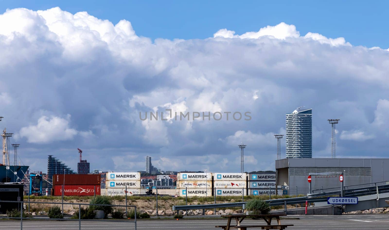 Shipping containers of the Maersk container logistics company in Aarhus, Denmark - February 9, 2024.