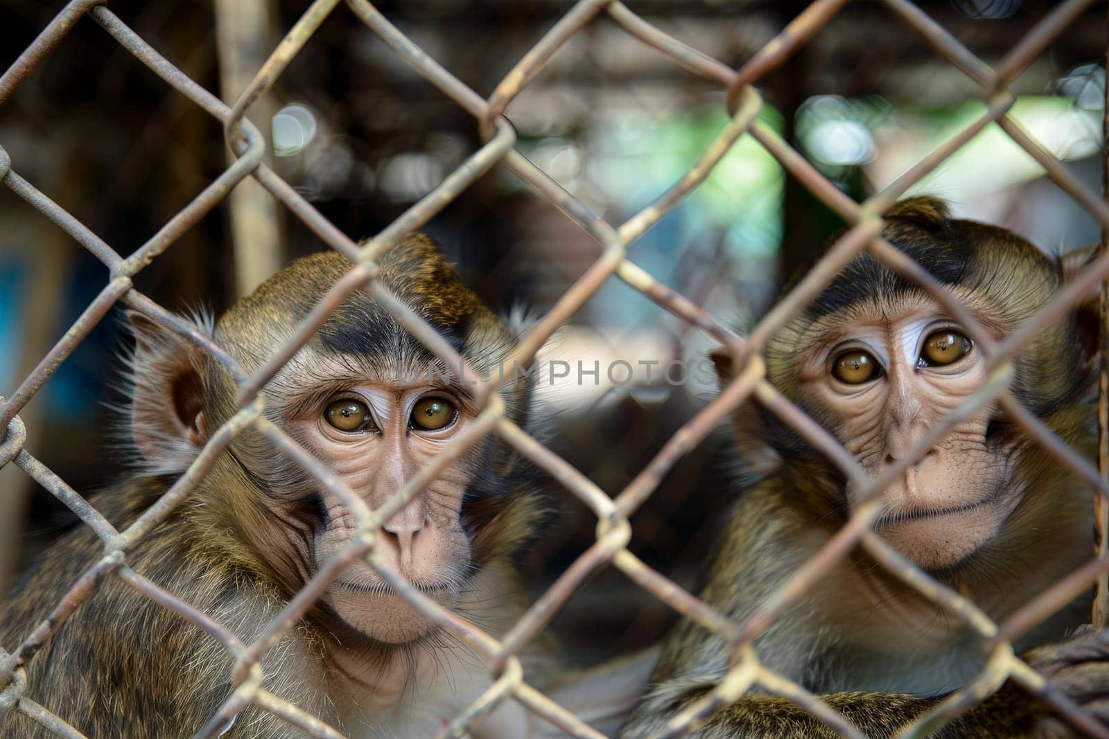close up monkey caught in cages. . Generative AI.