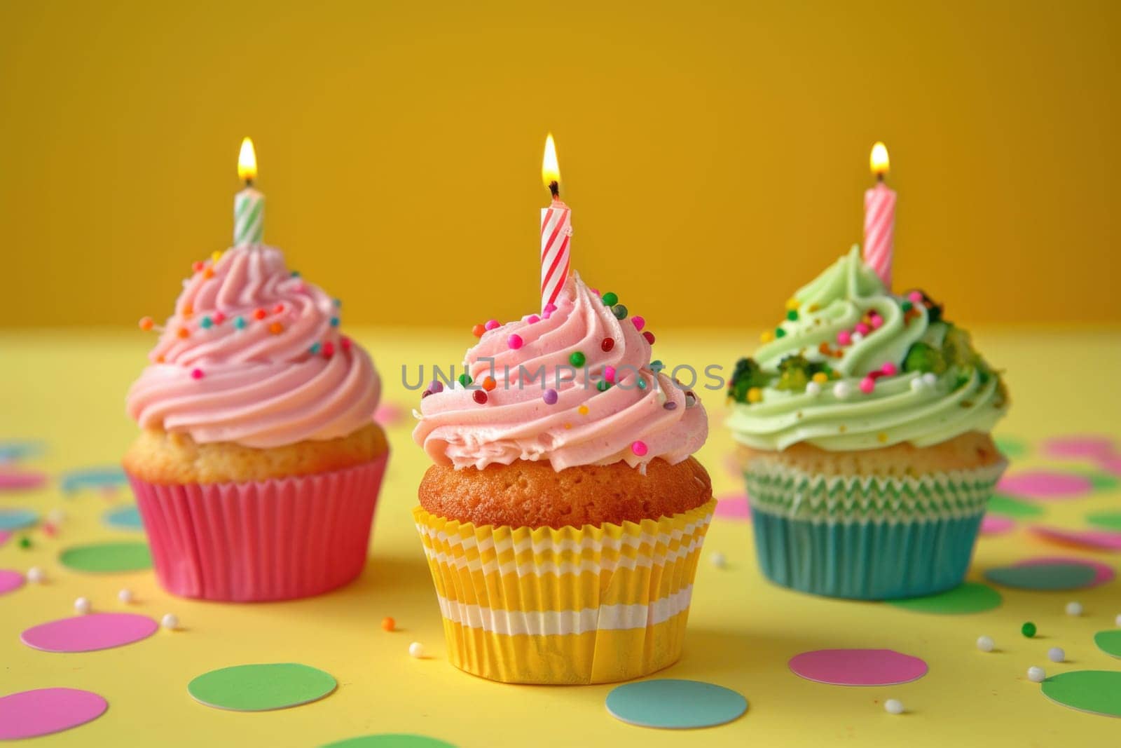 Celebration concept three cupcakes with candles on polka dot table with confetti and party theme