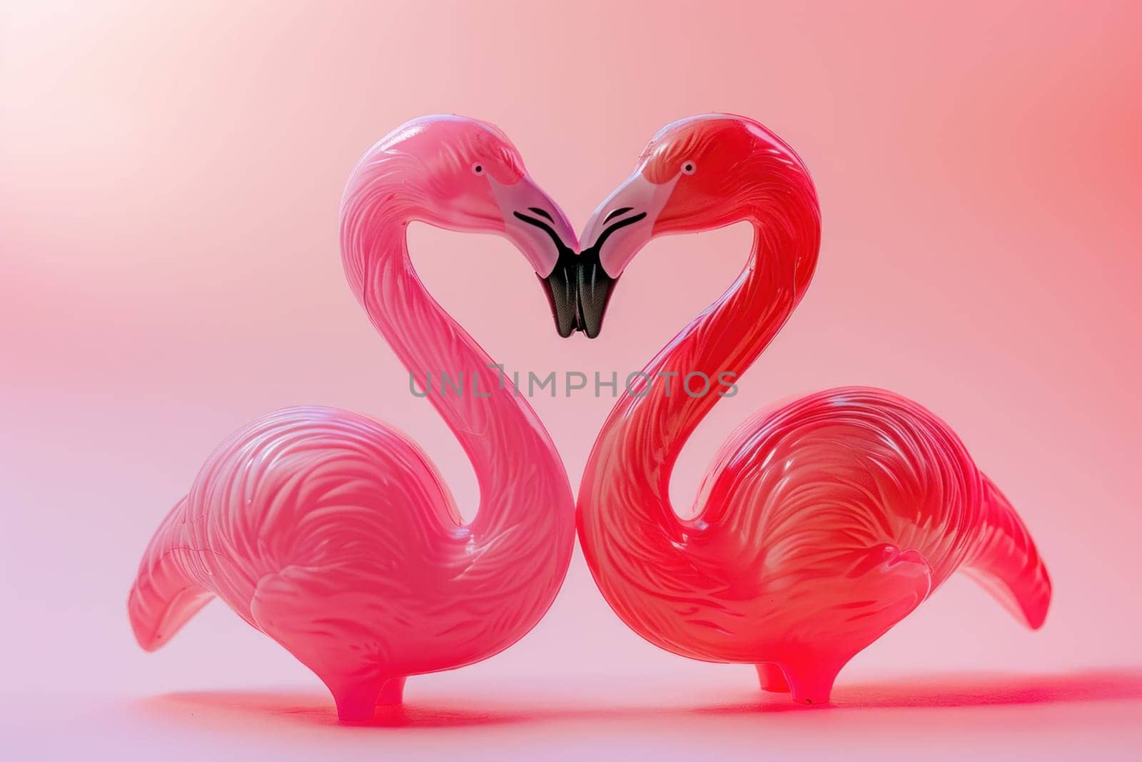 Romantic flamingos forming heart shape on light pink background for travel and beauty concept by Vichizh