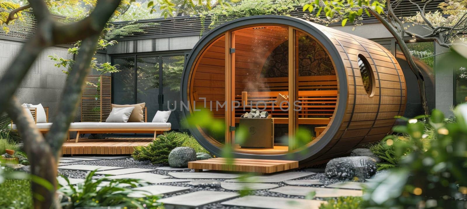 In a picturesque lush garden, a wooden barrel sauna stands as the centerpiece, surrounded by the serenity of nature