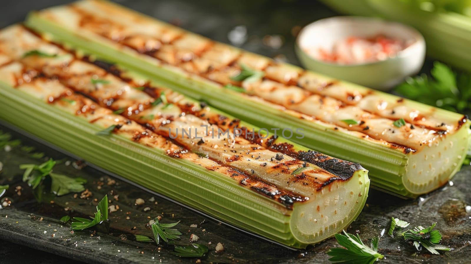 Grilled celery sticks with keywords about ingredients, creativity, cuisine, grass, natural foods, and vegan nutrition