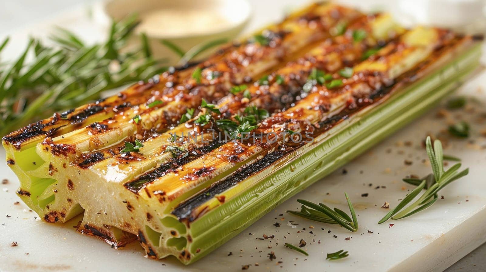 A closeup shot showcases grilled celery on a wooden cutting board, capturing its details beautifully