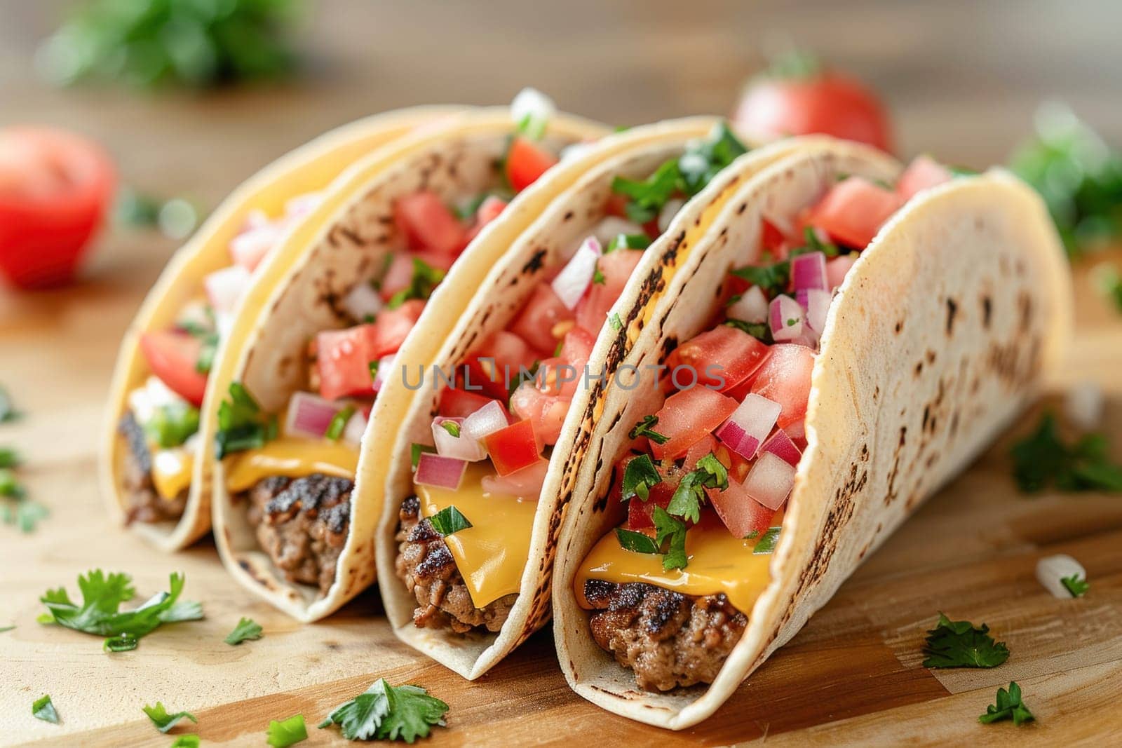 Four delicious tacos are beautifully displayed on a rustic cutting board, showcasing their appeal and range